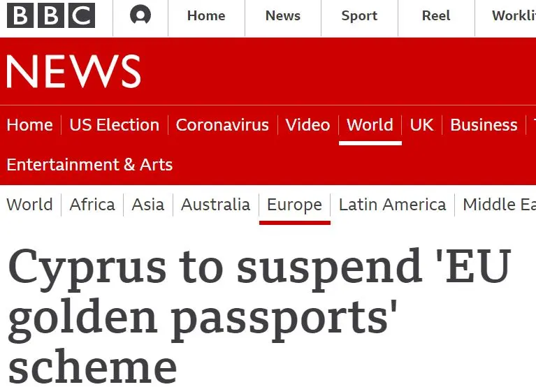 Δημοσίευμα BBC: Η Κύπρος αναστέλλει το Πρόγραμμα των χρυσών διαβατηρίων